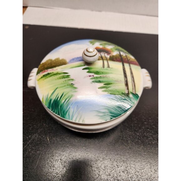 Vintage Hand Painted Porcelain Lidded Bowl With Scenic Landscape Design - Picture 2 of 15